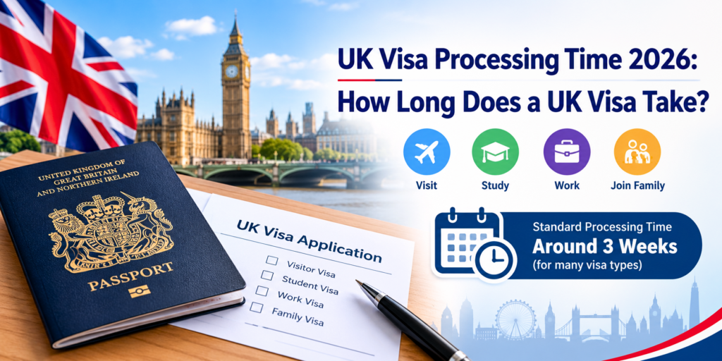 UK visa processing time 2026 with passport and London background