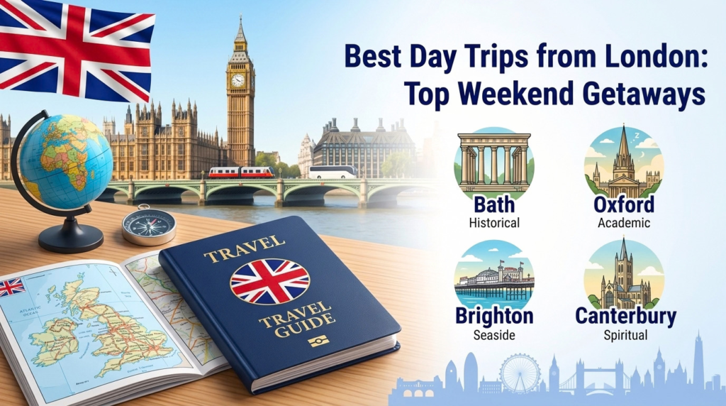 Best day trips from London featuring Oxford, Cambridge, Brighton, Bath, Windsor, Stonehenge, Seven Sisters, and Cotswolds.